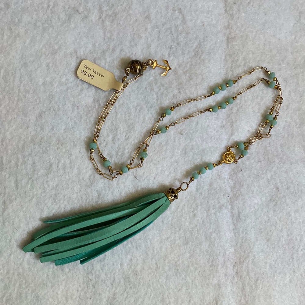 New Turquoise Leather and Gold chain Necklace